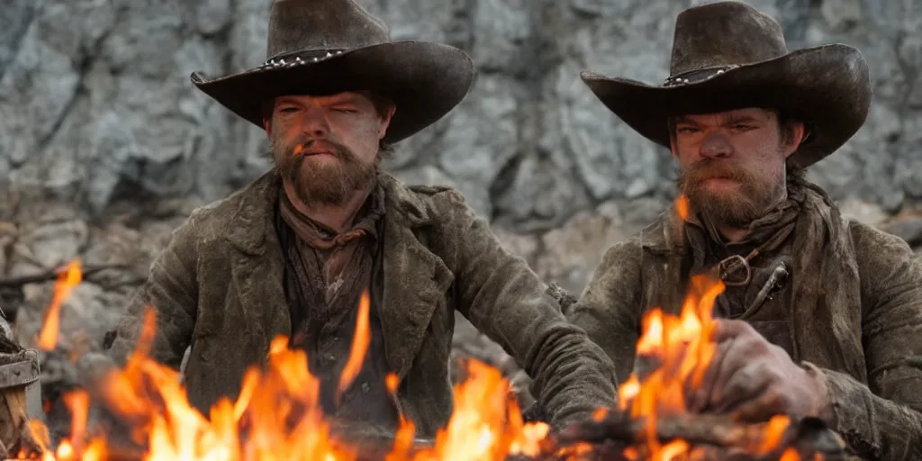 Prompt: close up of rugged bandit cialien murphy ( ( alone ) ) in the old west, handcuffed by shackles at a campfire and young thomas brodie - sangster ( ( alone ) ), violently fist fighting, volumetric lighting, cinematic, dark, grim, unforgiven