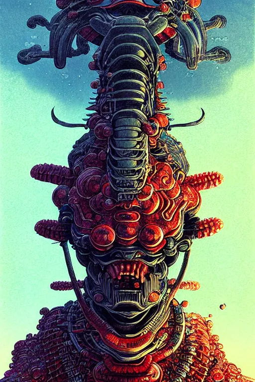 Image similar to japanese oni, character portrait, portrait, close up, concept art, intricate details, highly detailed, cherry blossom, soft light, vintage sci - fi poster, in the style of chris foss, rodger dean, moebius, michael whelan, and gustave dore