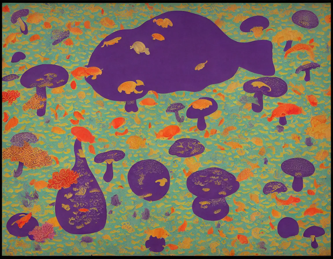 Prompt: vase of mushroom in the sky and under the sea decorated with a dense field of stylized scrolls that have opaque purple outlines, with koi fishes, ambrosius benson, kerry james marshall, oil on canvas, hyperrealism, light color, no hard shadow, around the edges there are no objects