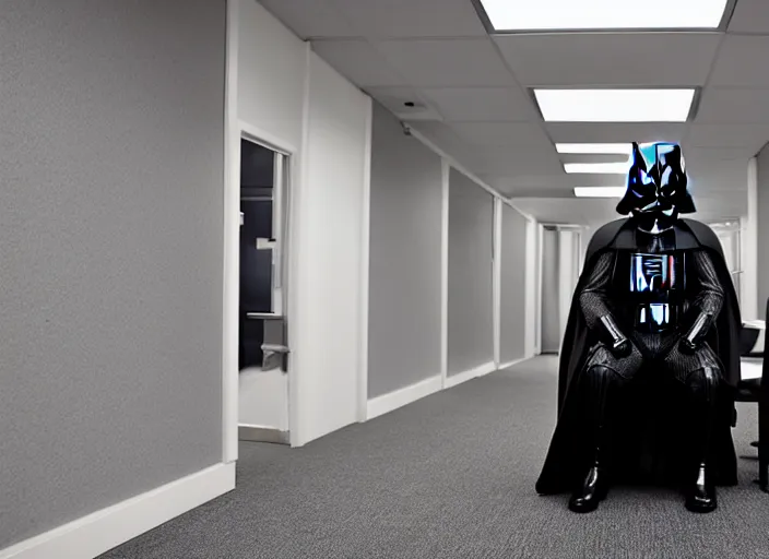 Prompt: Darth Vader sitting in waiting room, journalist photo