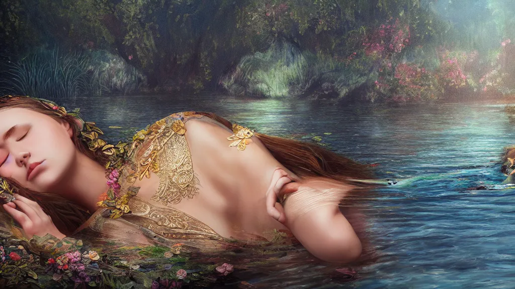 Image similar to prompt: one beautiful girl sleeping in the lake with shining face in high detailed 3d octane render, detailed realistic face, Ophelia painting inspired, intricate detailed oil painting, alchemical artifacts and hieroglyphs, magical items, gnarly paint marks