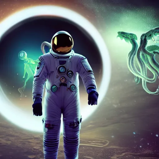 Prompt: hyper realistic wide view, occult cosmonaut with glowing magic symbols on his suit, highly detailed octane render 4k, floating in space with Cthulhu in the background, horror, despair, frightening