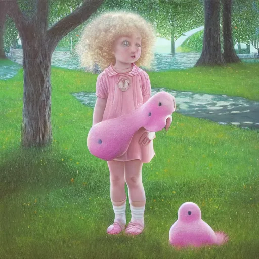 Image similar to a beautiful [[[[[happy]]]]] little blonde toddler girl with short loosely curly hair, at the park on a beautiful day, holding a round all-pink stuffed penguin, by Dan Mumford, Junji Murakami, Mucha Klimt, Hiroshi Yoshida and Craig Mullins, featured on Artstation, CGSociety, Behance HD, Deviantart