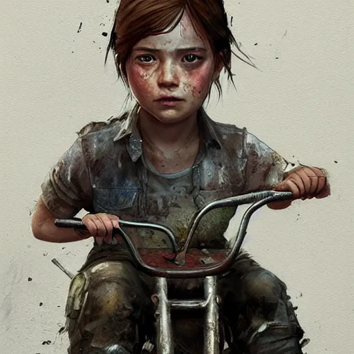 Prompt: portrait of elle from the last of us, riding a tricycle, painted by greg rutkowski, wlop