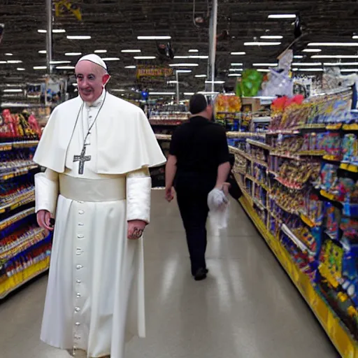 Image similar to Pope Francis wearing a French maid outfit and cat ears walking through Walmart, highly detailed, very highly detailed, 4k, photorealistic