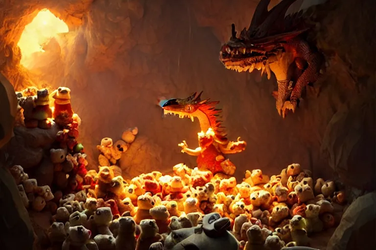 Image similar to a dragon hoarding a pile of teddy bears in a cave, digital art, detailed, soft lighting, cinematic, ultra realistic, art by greg rutkowski, marc simonetti, james gurney