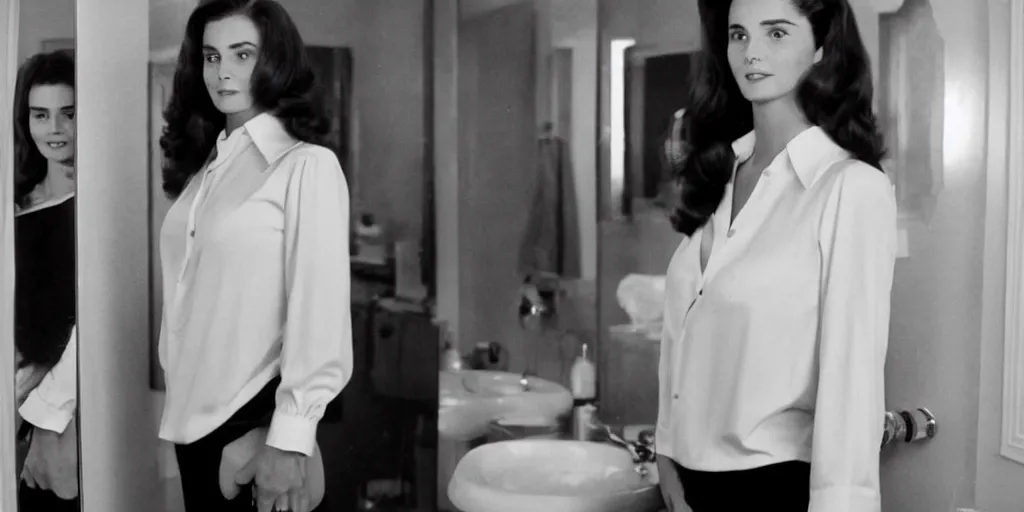 Image similar to ultra wide angle photo of young caitlin jenner, born female, dressed in a white blouse and black dress pants as diana prince looking at herself in a bathroom mirror and seeing her reflection as wonder woman