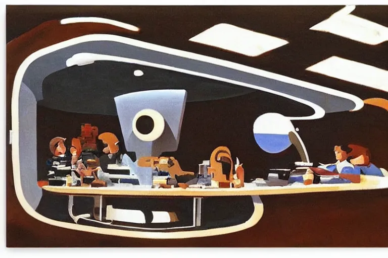 Image similar to coffee shop in a spaceship by robert theodore mccall