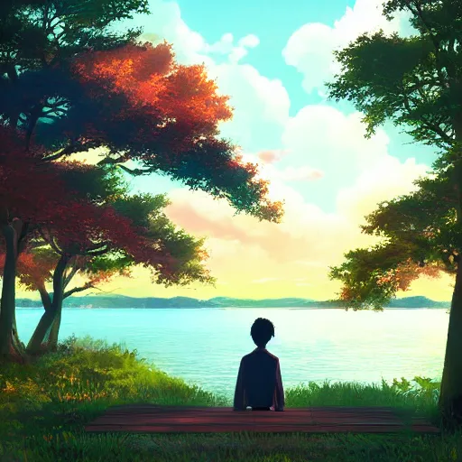 Image similar to a person sitting by a lake, seen from the back, in an enchanted forest, by makoto shinkai, myazaki hayao, warm colors