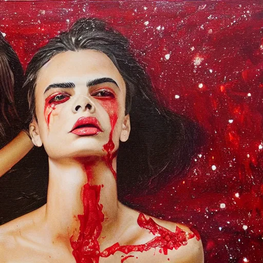 Image similar to painting of emily ratajkowski and cara delevigne laying in a pool blood red water. Very clear face and full physically accurate body shot. There is a golden shining mirror frame that intersects the water between them. Outside of the mirror frame is a black sky full of stars and within the frame is beautiful renaissance landscape. hyperrealistic, surreal, art, photography, artstation, smooth, sharp focus, art by artgem, francis bacon, HR Giger, greg rutkowski and alphonse much 4k