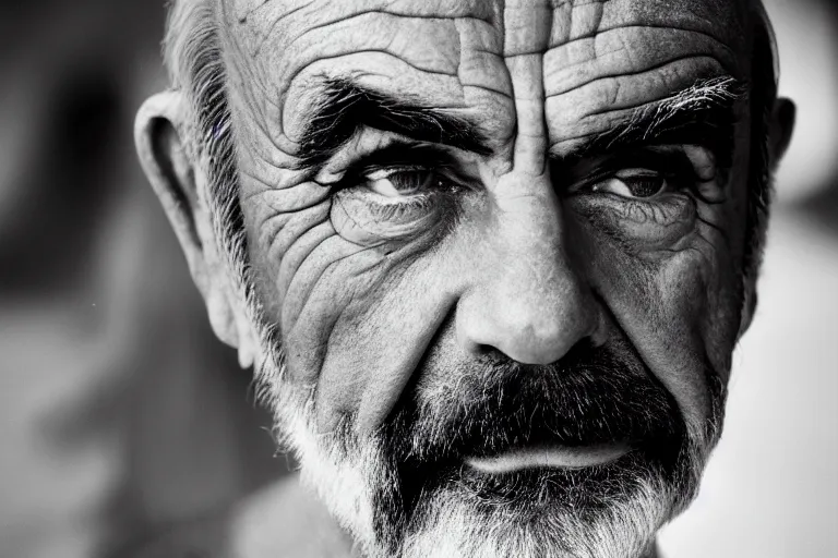 Image similar to Closeup Portrait of Sean Connery, half face, by Steve McCurry, supersharp, crisp, 8K, award winning portrait