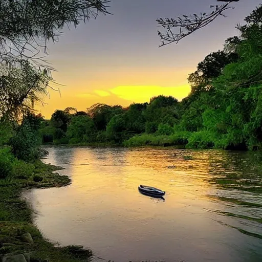 Prompt: beutiful river scenery, alongside small house,with beutiful sunset