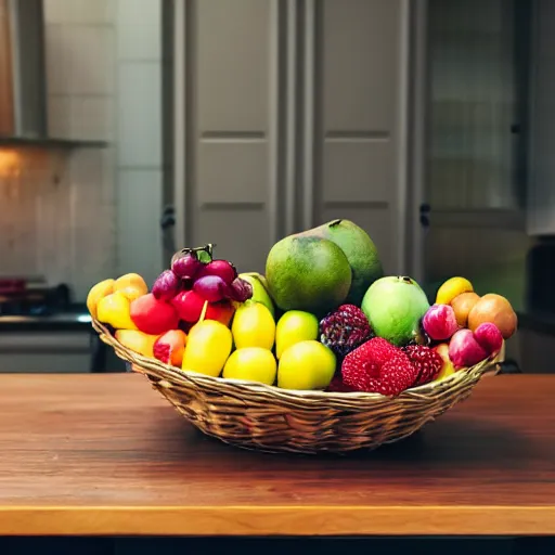 Prompt: a fruit basket on top of a kitchen table, dystopian