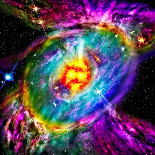 Prompt: the universal big bang, hyper detailed photo of a huge galactic explosion in all directions for infinity