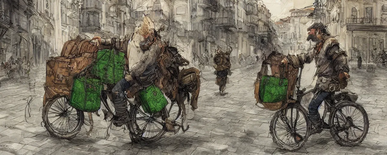 Image similar to a bearded and long haired bicycle food delivery worker with a green bag on his back in rossio lisbon, he has boots, epic fantasy style art by kim jung gi, fantasy epic digital art