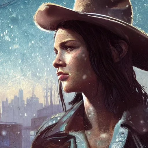 Image similar to fallout 5, charismatic beautiful, rugged, brunette female protagonist wearing a cowboy - hat, portrait, outdoors ruined cityscape, atmospheric lighting, painted, intricate, volumetric lighting, beautiful, daytime, harsh winter weather, sharp focus, cold, deep colours, ultra detailed, by leesha hannigan, ross tran, thierry doizon, kai carpenter, ignacio fernandez rios