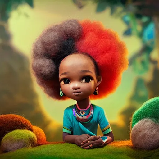 Image similar to a cute little african egyptian princess with a colorful afro, bright colors, synthwave, watercolor, volumetric wool felting, felt, macro photography, children illustration, global illumination, radiant light, detailed and intricate environment, by goro fujita