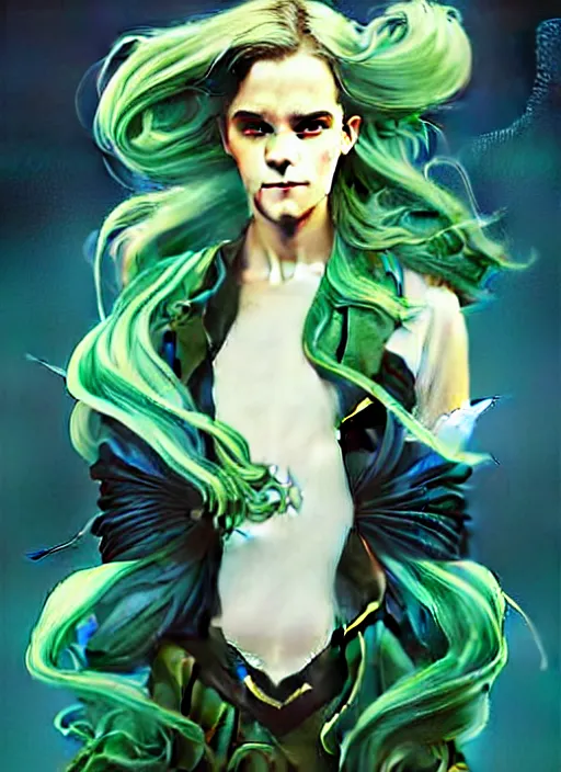 Prompt: style artgerm, joshua middleton, emma watson with green dress, very long blue hair, swirling, symmetrical face, symmetrical eyes, steampunk western gunslinger, cinematic lighting