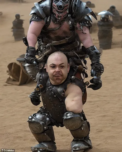 Image similar to a legless dwarf named master is strapped to the back of a mindless armored warrior called blaster, whom he rides like a horse. together they are known as master blaster. in the style of mad max beyond the thunderdome and director george miller, cinematic