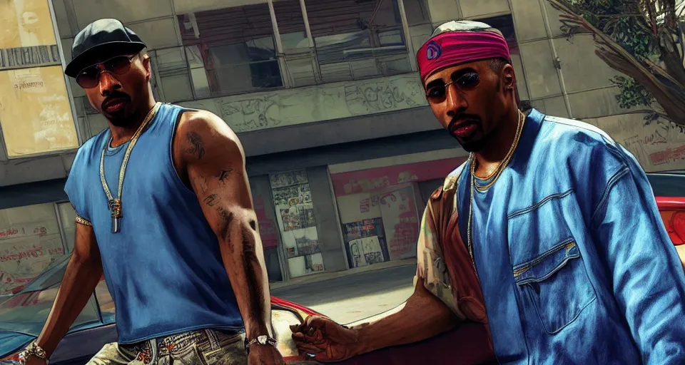 Image similar to 2Pac in GTA V, cover art by Stephen Bliss, no text, Ultra detailed, hyper realistic 4k