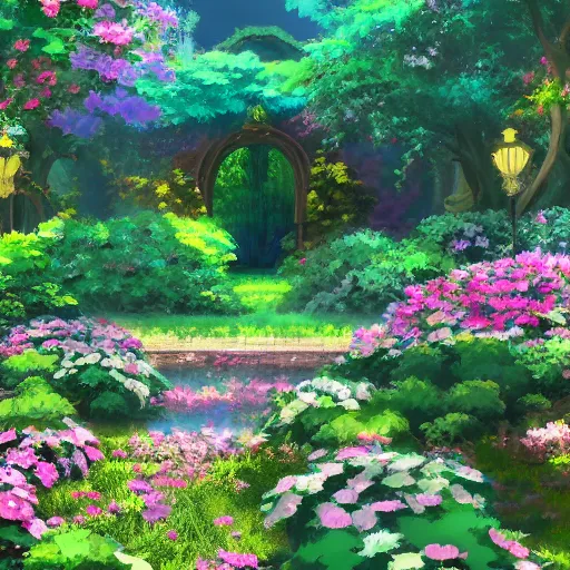 Image similar to a digital painting depicting a beautiful garden from an anime movie, in the style of Tue Tue on ArtStation, cinematic render, 4k,