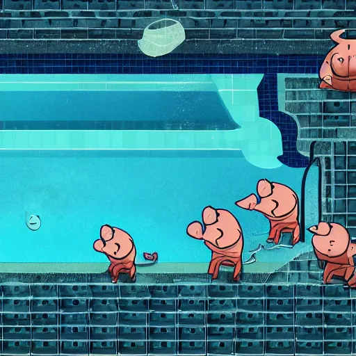 Image similar to photo, two old men fight pig mutants 4 0 1 2 7 inside a swimming pool, highly detailed, scary, volumetric lighting, front view