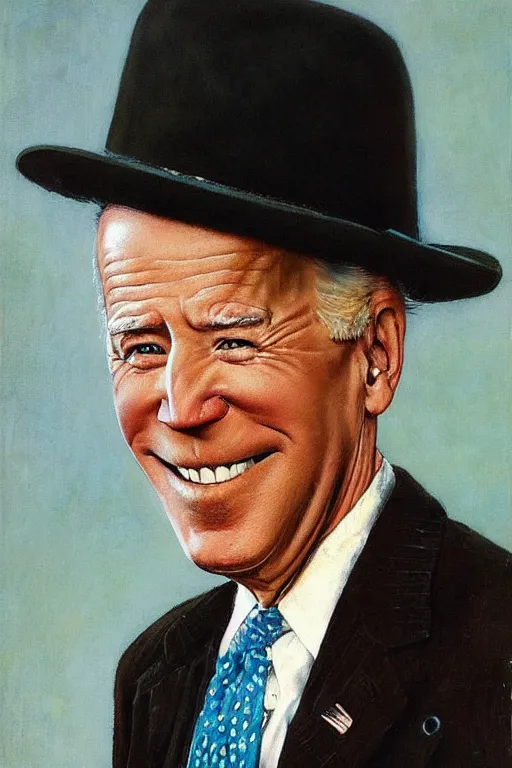 Image similar to “portrait of Joe Biden, impeccably dressed, wearing trilby hat, by norman Rockwell”