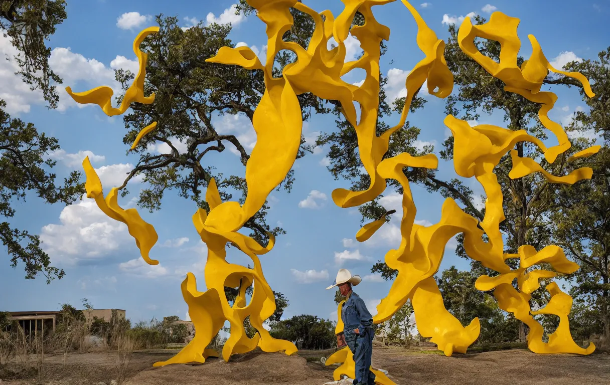 Image similar to a cowboy turning into blooms by slim aarons, by zhang kechun, by lynda benglis. tropical sea slugs, brutalist angular sharp tractor tires. complementary colors. warm soft volumetric dramatic light. national geographic. 8 k, rendered in octane, smooth gradients. sculpture by antonio canova. yellow teal accents.