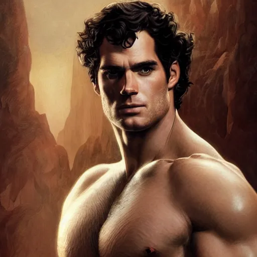 Image similar to henry cavill as a heavenly god, upper body, muscular, fantasy, intricate, elegant, highly detailed, digital painting, artstation, concept art, smooth, sharp focus, illustration, art by artgerm and greg rutkowski and alphonse mucha