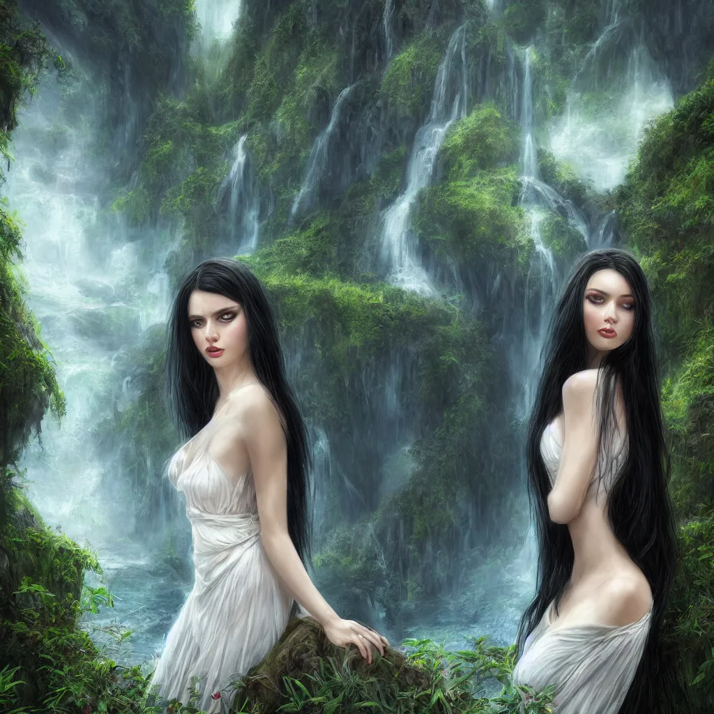 Image similar to Intricate picture of a single 25 years old Paludnitsa in a lush fjord. Long black hair, perfect face, beautiful eyes, intricate white dress, smooth, vivid colors, highly detailed, dreamlike, digital art by Eddie Mendoza, 4k, very wide shot.