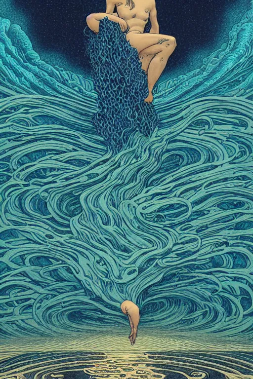 Image similar to a sea witch summoning a giant wave by dan mumford and gustav klimt and john harris and jean delville and victo ngai and josan gonzalez, highly detailed, photorealism, hyperrealistic, art deco, art nouveau