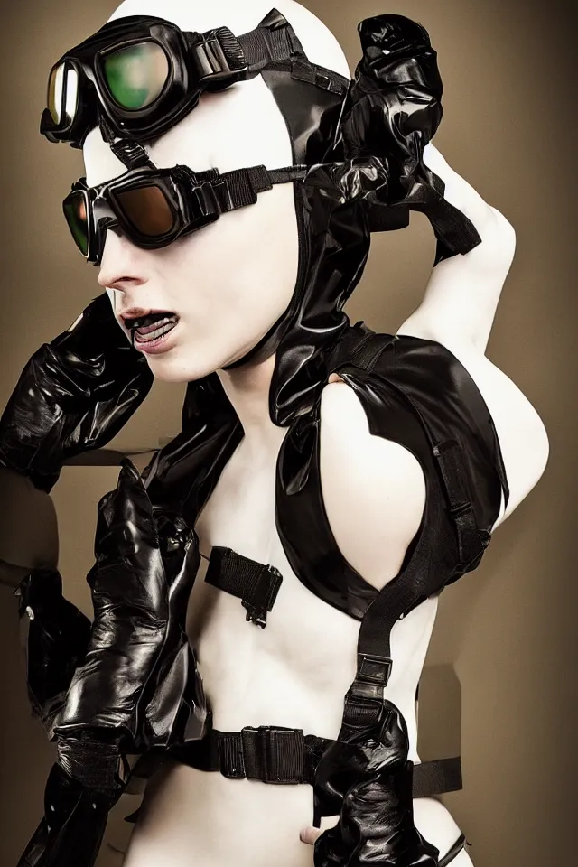 Prompt: digital fashion shoot, androgynous person, tactical tunic latex, wearing goggles, techwear, iridiscent light, high key, cinematic lighting at night, neon, phil hale, boris vallejo, alberto mielgo