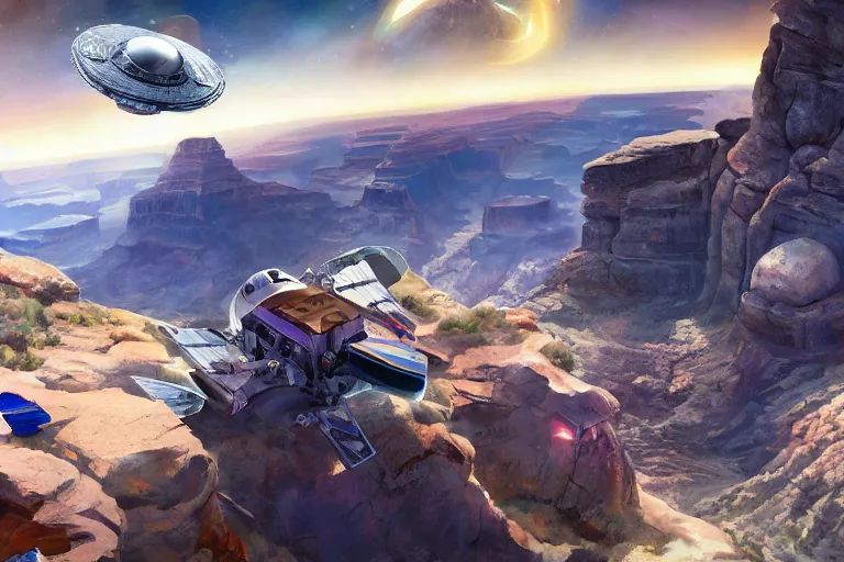 Prompt: spacecraft speed race road into the mountain rocks like grand canyon. Illustration by Blizzard and Ubisoft