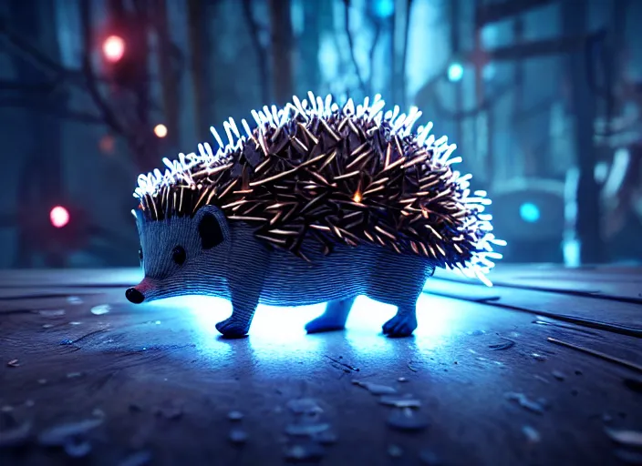 Prompt: intricate hedgehog with leds instead of needles, on the background of a weird magical mechanical forest. Very detailed 8k. Fantasy cyberpunk horror. Sharp. Cinematic post-processing. Unreal engine. Nanite. Ray tracing. Parallax. Tessellation