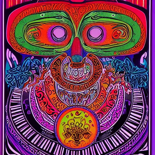 Prompt: Fillmore concert poster for The Bozone April 20, 1969 by Victor Moscoso and S. Clay Wilson, psychedelic, intricate paisley filigree Bozo the clown. red clown nose, mandala, day-glo colors, flowing lettering