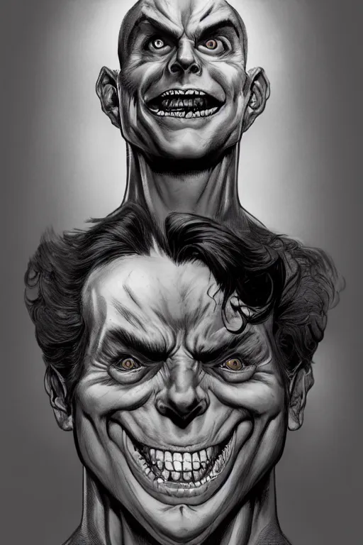 Prompt: aesthetic digital portrait of a handsome young man with a sinister grin by brian bolland, rachel birkett, alex ross, and neal adams | dark, intimidating, imposing, portrait, character concept, concept art, unreal engine, finalrender, centered, deviantart, artgerm