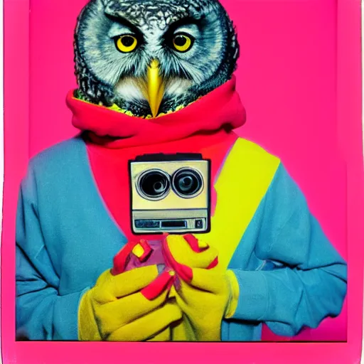 Prompt: anthropomorphic owl in a bright hoodie, holding polaroid camera, 9 0 - s fashion, polaroid photo, by warhol,
