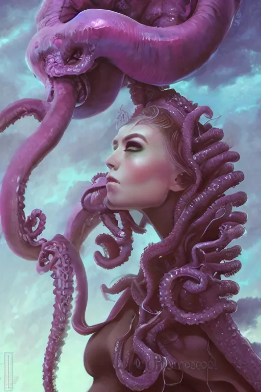 Image similar to digital portrait of an eloquent alien kraken queen, straight on, full body character concept art, concept art, by artgerm, tom bagshaw, gerald brom, vaporwave colors, lo fi colors, vaporwave, lo fi, 4 k, hd, rendered with substance designer, small details,