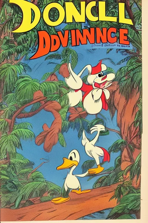 Prompt: donald ducks and friend adventure in the jungle by carl barks, old comic, walt disney, beautiful