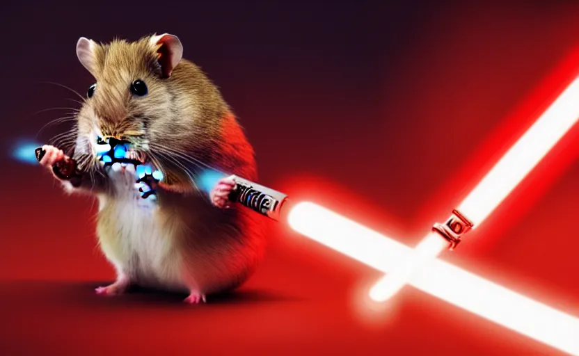 Prompt: hamster, wielding a lightsaber, movie still, star wars, cinematic, sharp focus, cinematic lighting, 8 k