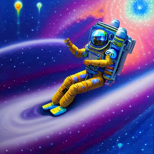 Image similar to cool bismuth mech spaceman surfing the milkyway, isometric scifi astral spirit space journey in oil painting, pulled into the spiral vortex, trending on artstation, award winning, emotional, highly detailed ethereal isometric surrealist art