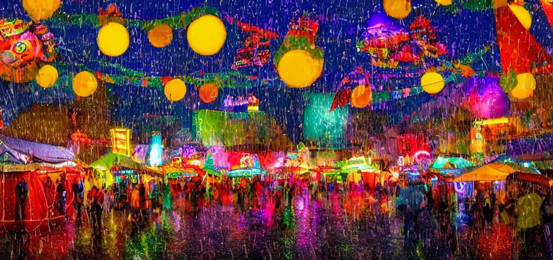 Image similar to Look of Small outdoor carnival, rain, night, colorful tents, digital art, 8k, many details