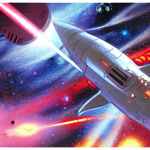 Image similar to science - fiction space battleship in combat, laser beams, explosions, space, planets, painting