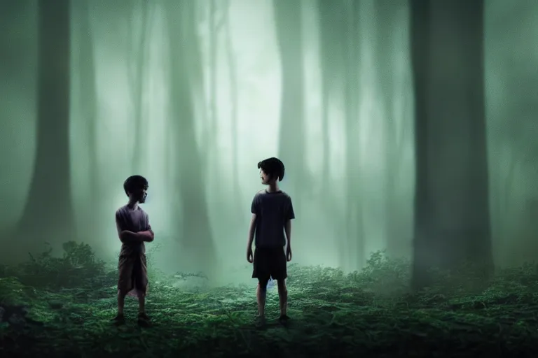 Prompt: boy in a conversation with a macabre soul looking like a ghost in the middle of a rain forest at night, realistic, obscure, dramatic scene, matte painting