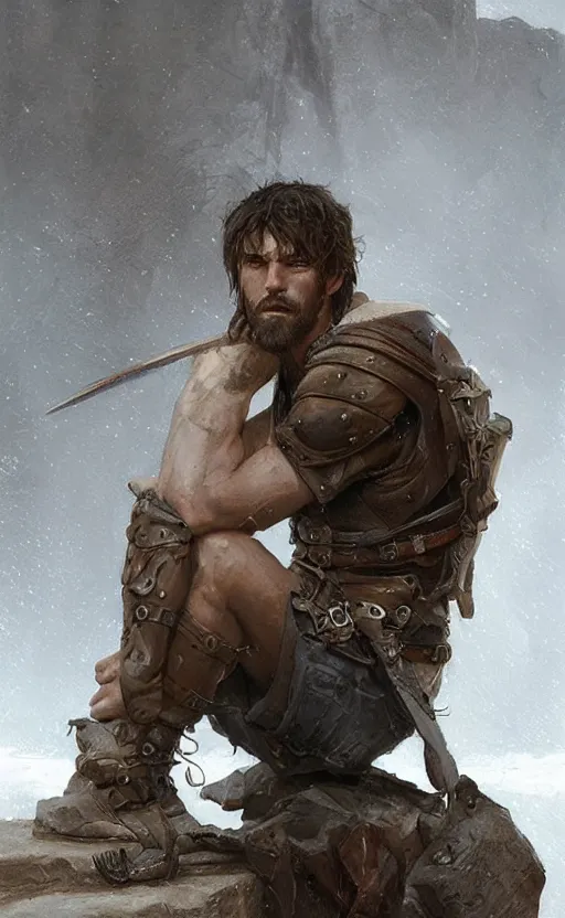 Image similar to Portrait of a rugged ranger sitting down, male, muscular, straight nose!!!, detailed face, handsome face, bare thighs!!!, simple clothing!!!!!, fantasy, medieval, highly detailed, cinematic lighting, digital art painting by greg rutkowski