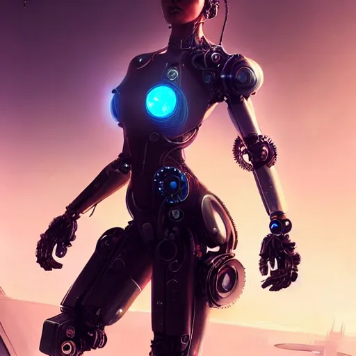 Image similar to a beautiful highly detailed futuristic mechanical woman in seductive confident pose, art by greg rutkowski and mark keathley, cyberpunk, 7 0 mm photo, featured on artstation, 4 k, octane render