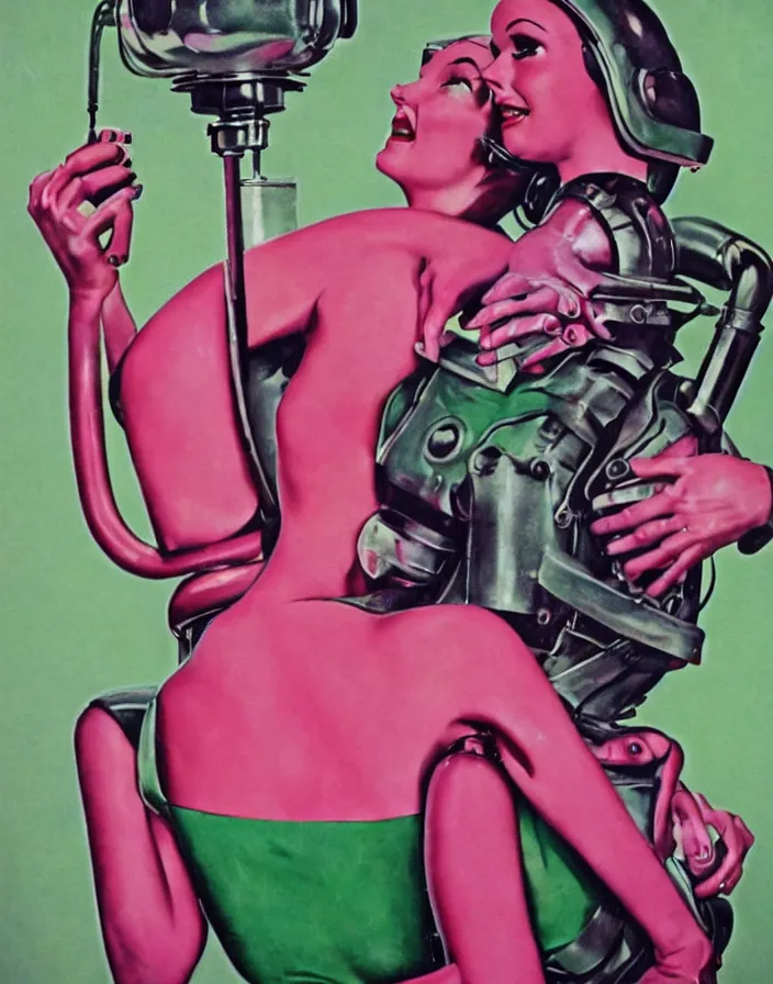 Prompt: a female housewife being hugged by a retro metal - suited robot, 1 9 5 0 s horror film movie poster style, ( norman rockwell oil painting ), close - up shot, tight shot, retro science fiction, vintage, saturated pink and green lighting, shadowy lighting, cohesive