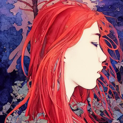 Prompt: side view a beautiful and inspiring intricate watercolor illustration artwork red hair girl in the forest, feeling the nature, eyes closed, 4 k, ultra - wide angle, by william turner, by victo ngai, by alphonse mucha, by miho hirano, hd, trending on artstation, hyper detailed, muted colors, inspiring, beautiful, energetic