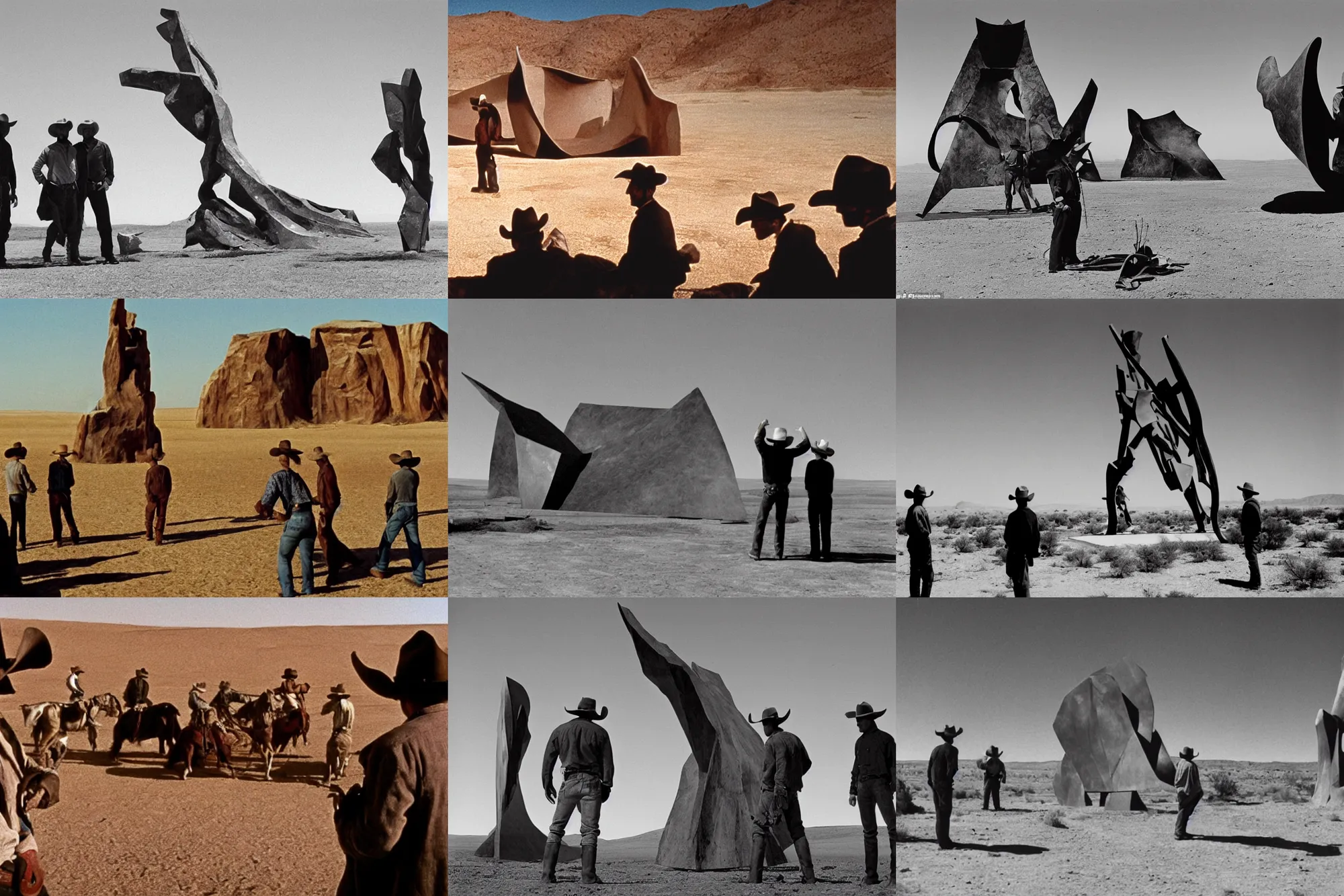 Prompt: film still showing cowboys looking at a gigantic abstract sculpture in the desert directed by Sergio Leone