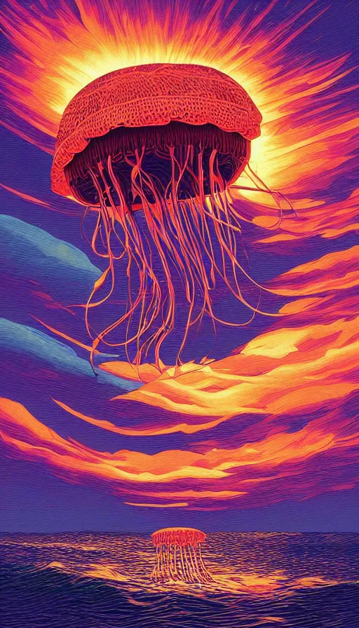 Prompt: The jellyfish of the sunset sky, italian futurism, Dan Mumford, da vinci, Josan Gonzalez